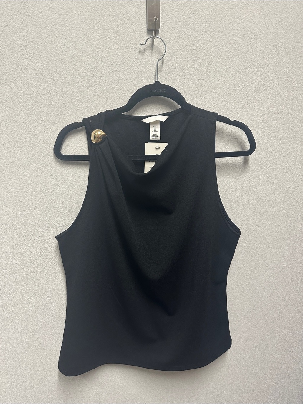 NWT - H&M Sleeveless Black Drape Neck Top with Gold Accent - size Large